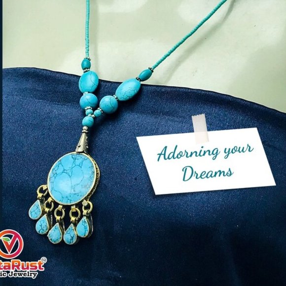 Turquoise Beaded Necklace, Boho Tribal Statement Necklaces, Necklace - Picture 3 of 12